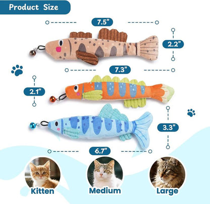 Puretoy 3 Pack Stripey Catnip Fish with Removable Bell, 12000Mg 100%Premium Cat Herb Filling, Natural Stimulation for Cats, Kicking & Teething Cat Toys