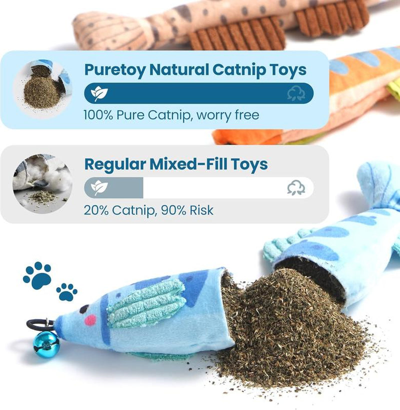 Puretoy 3 Pack Stripey Catnip Fish with Removable Bell, 12000Mg 100%Premium Cat Herb Filling, Natural Stimulation for Cats, Kicking & Teething Cat Toys