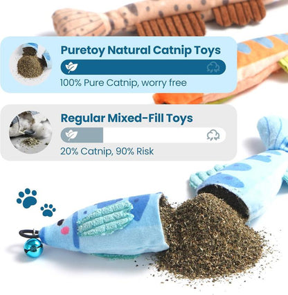 Puretoy 3 Pack Stripey Catnip Fish with Removable Bell, 12000Mg 100%Premium Cat Herb Filling, Natural Stimulation for Cats, Kicking & Teething Cat Toys